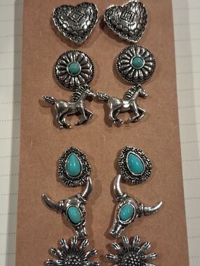Fashion Jewelry Turquoise and Silver Western Earring Set - 6 Pairs